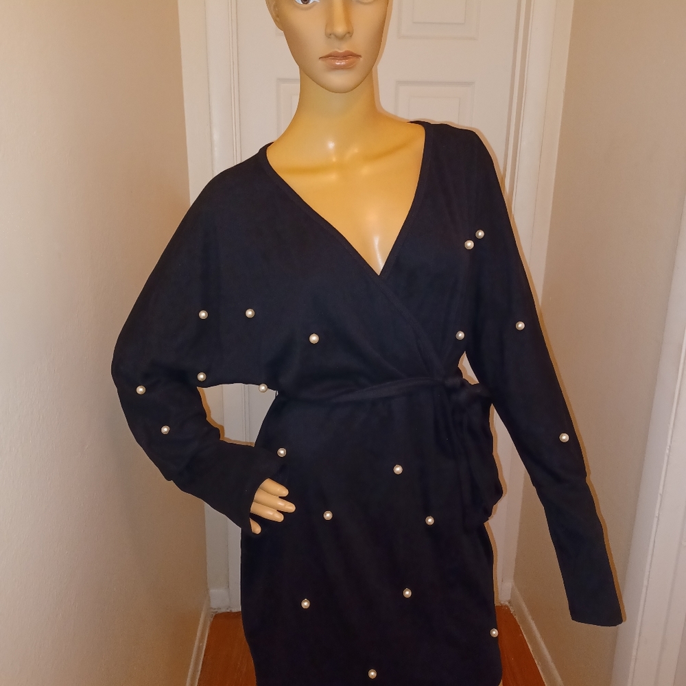 Black wrap dress with pearls